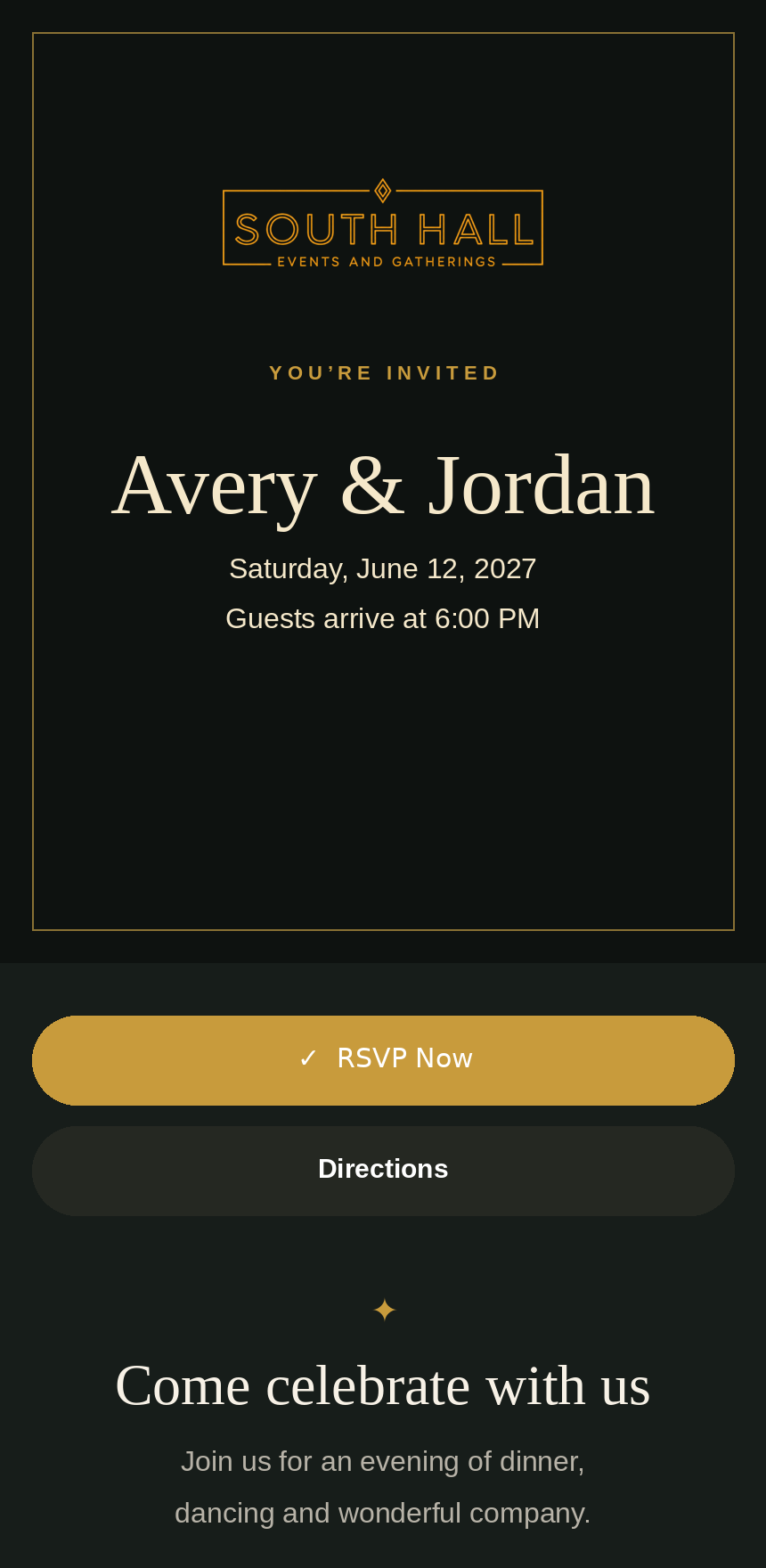 Evening Luxe invitation example for fictional couple Avery and Jordan, with RSVP and directions
